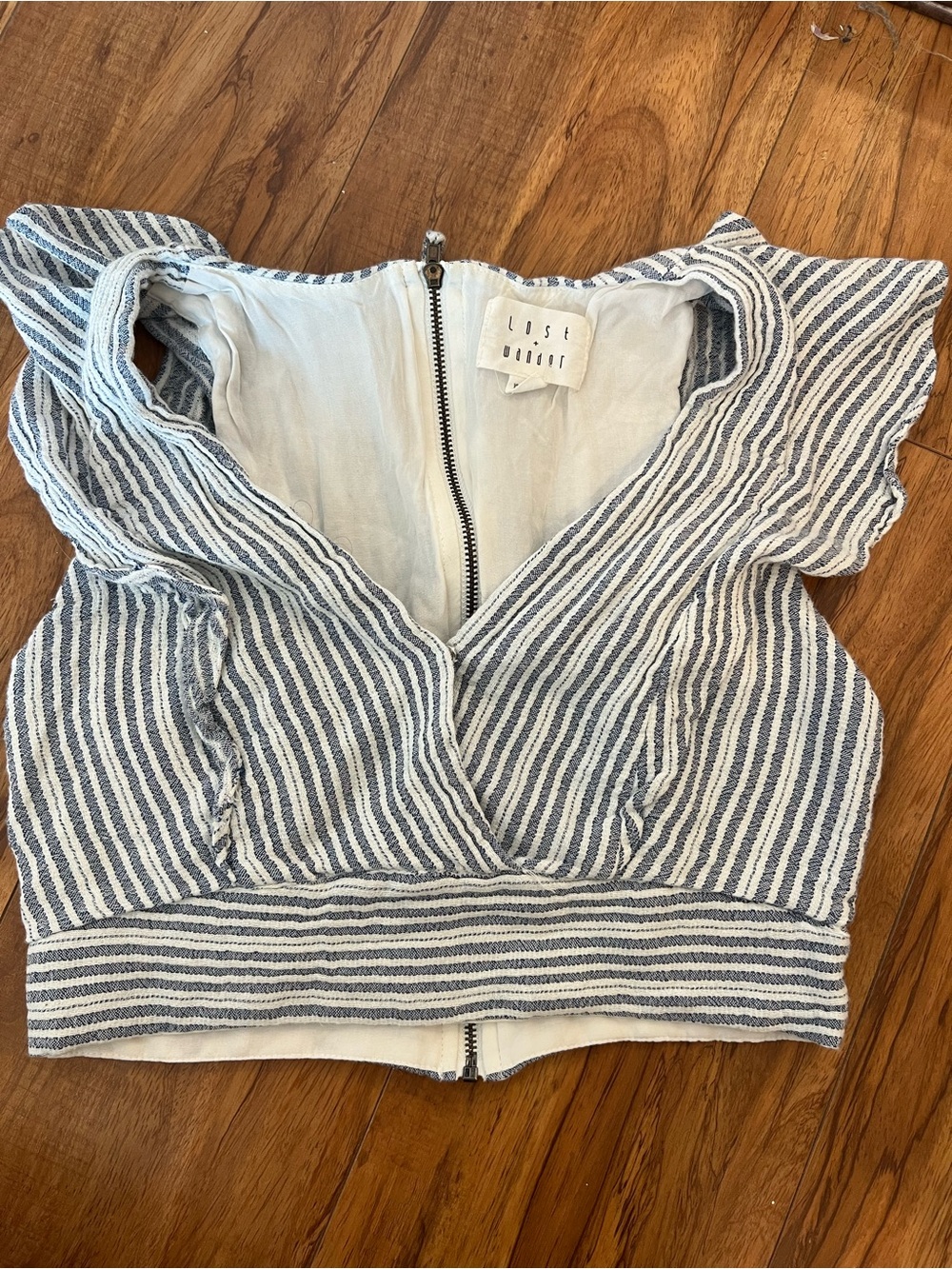 Lost + Wander Blue and White Striped Ruffle Crop Top